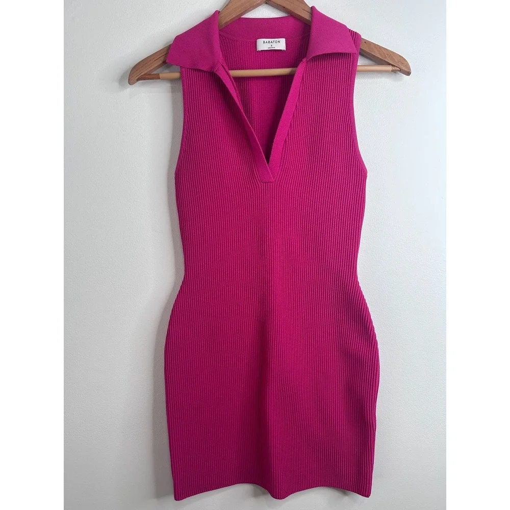 Aritzia Babaton Magenta Pink‎ Ribbed Collar Sleeveless Bodycon Dress Sz S Sculpt
